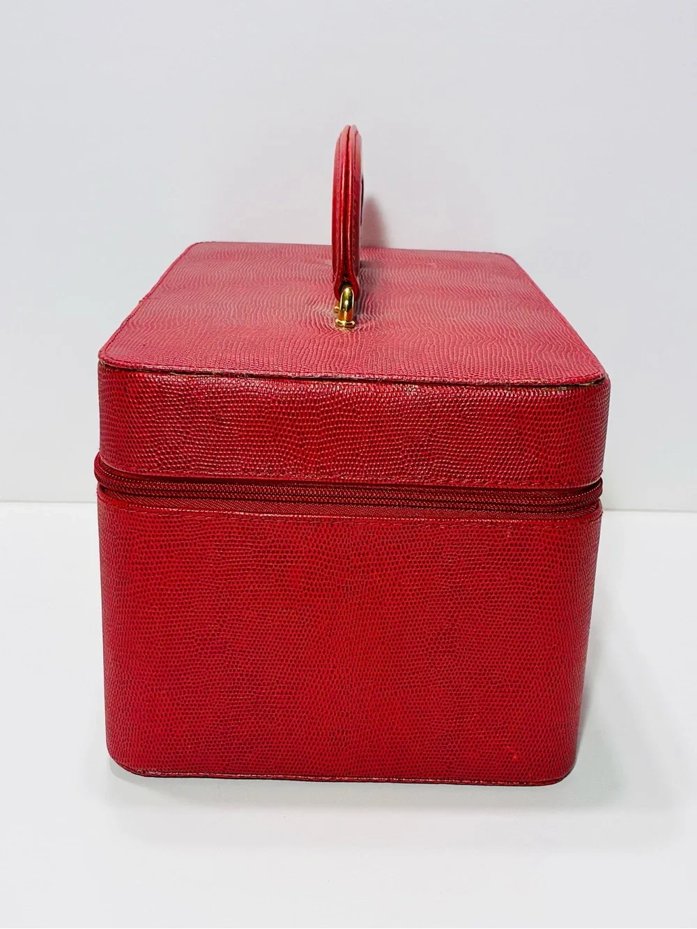 Y2K VTG Estée Lauder Red Lizard Embossed Train Case Vanity Cosmetic Bag 12x7x6.5